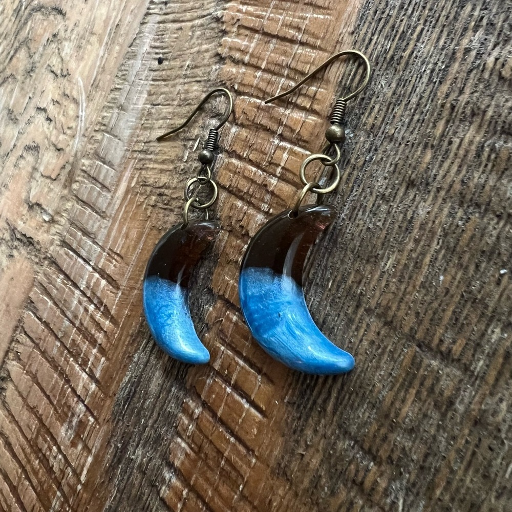 Handmade ArtTrifecta Blue and Brown Crescent Moon Resin Earrings